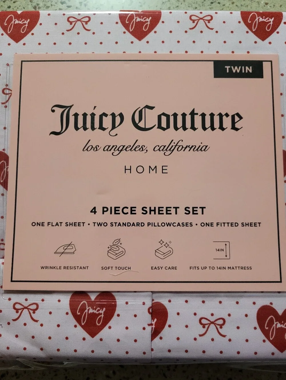 Juicy Couture 4-Pc Twin Size Bedsheet Set Hearts Juicy Spellout Bows Polka Dots